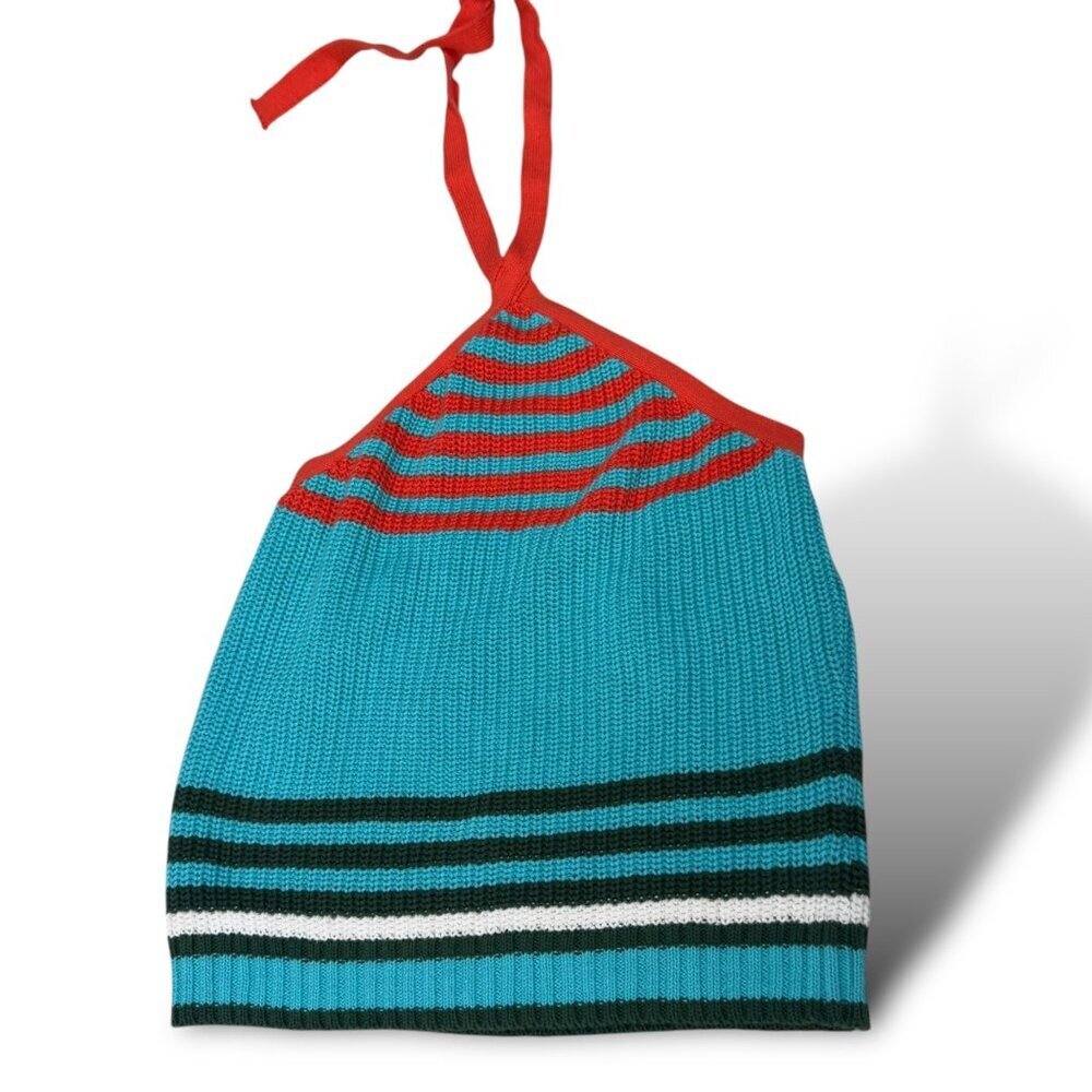 RedBerry Crochet Halter Top Womens Sz S Red/Turquoise Block Stripe Knit Crop